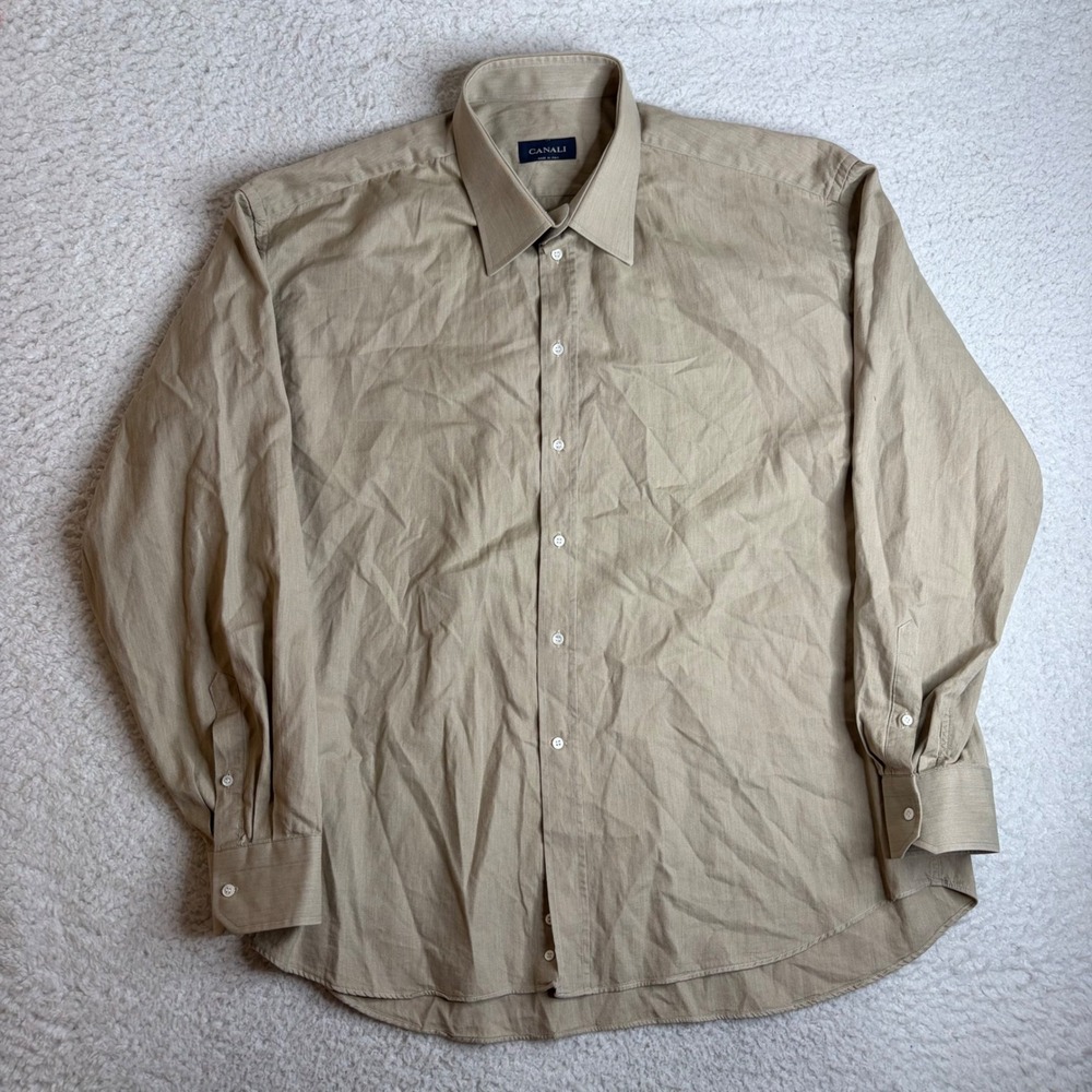 Canali Mens Tan Khaki Cotton Twill Dress Shirt Made in Italy 18.5 47 Large XL